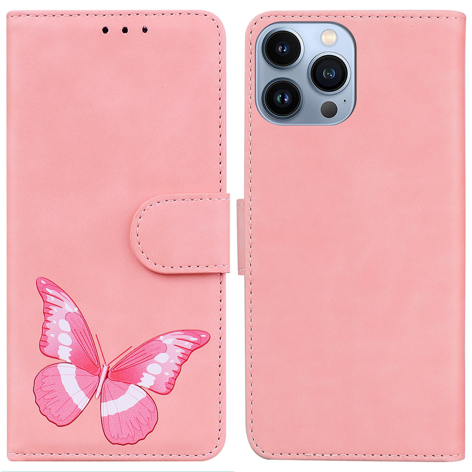 

For iPhone 15 Pro Max Anti-scratch Flip Stand Wallet Case PU Leather Butterfly Printing Phone Cover Pink