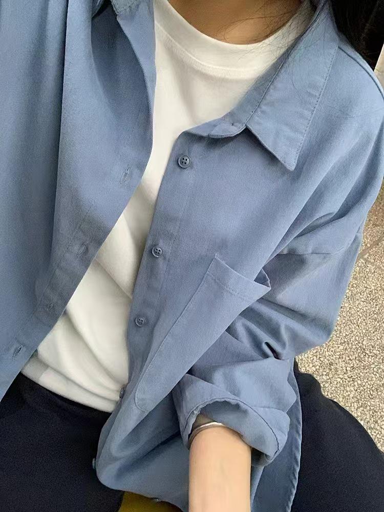 Women's Blue Cotton Shirt - Fresh, Loose, Versatile, Slimming, Petite Fit for Spring & Autumn Wear