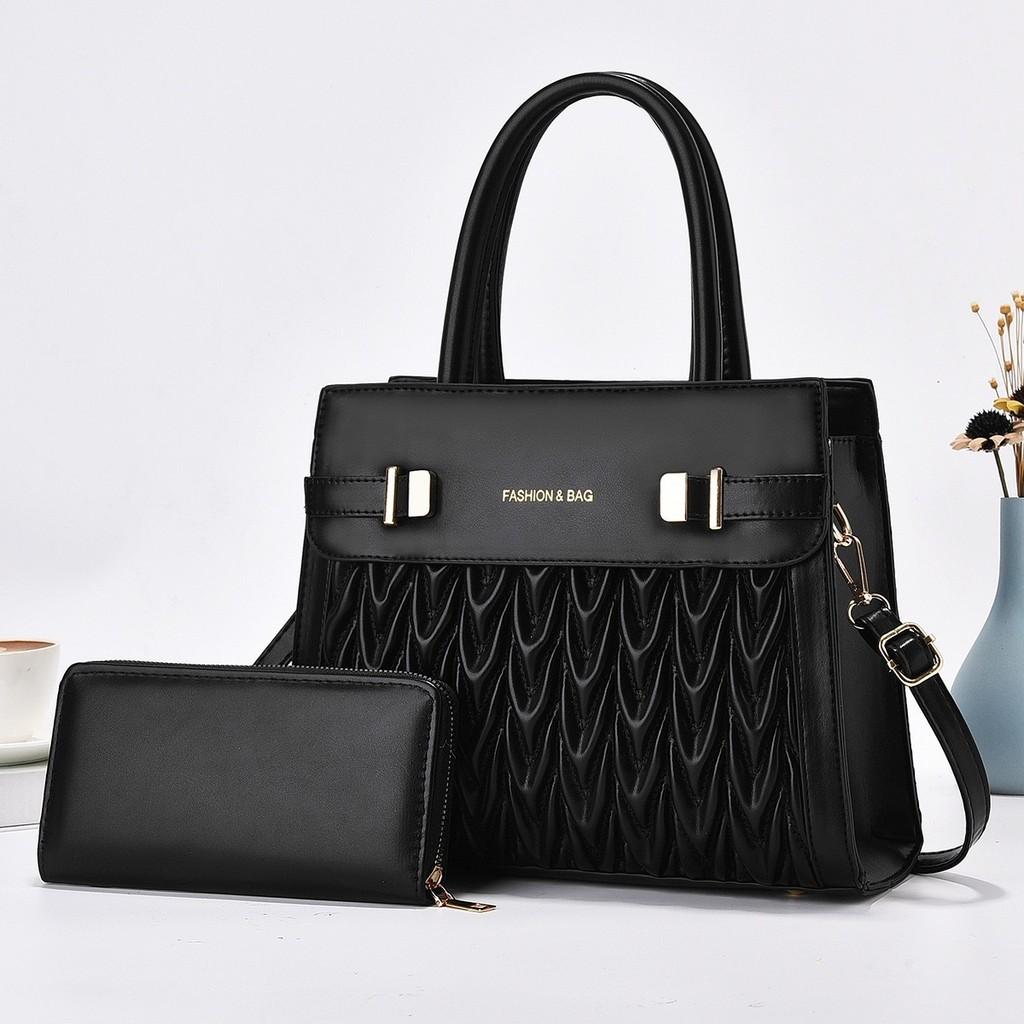 Fashionable Solid Color Letter Print Pleated Design Handbag With Wallet For Women
