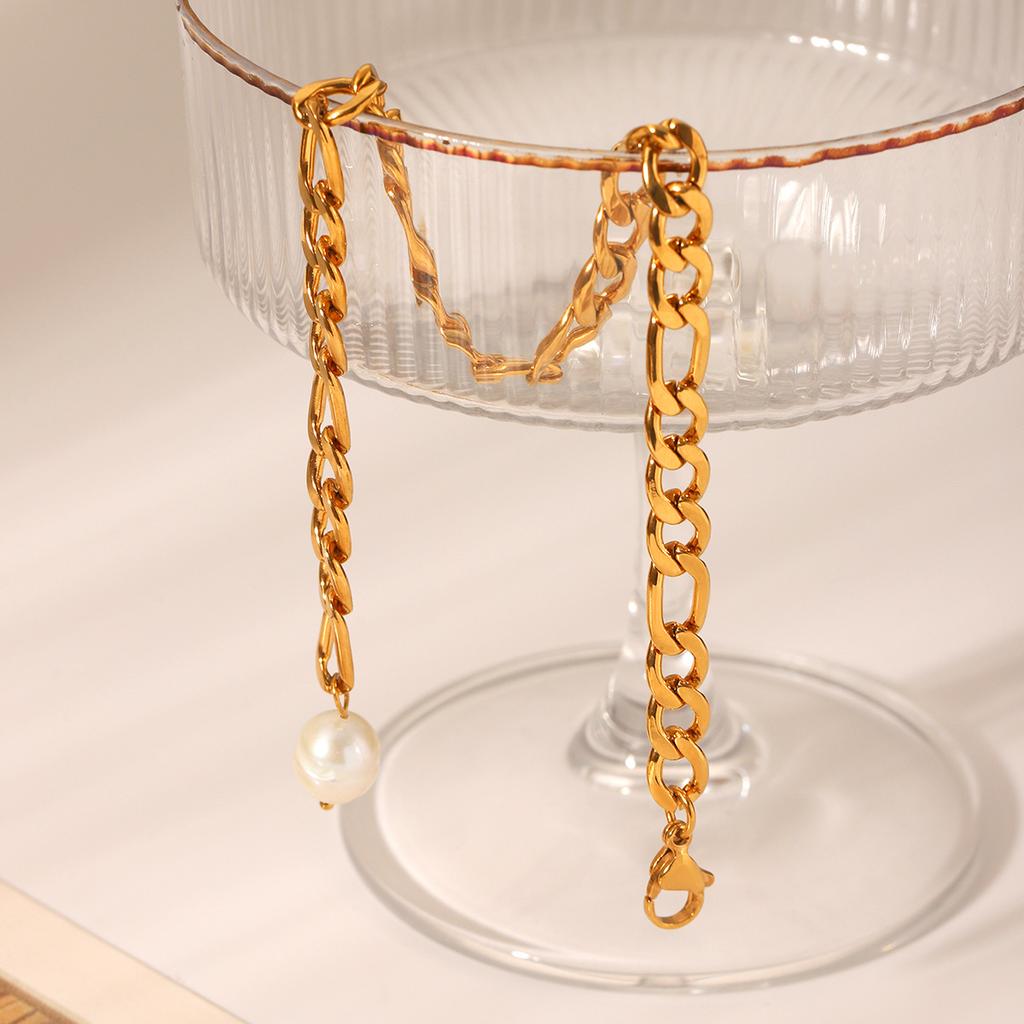 Euro-American Style 18K Gold Stainless Steel Figaro Chain Anklet with Freshwater Pearl Pendant, Titanium Steel Jewelry