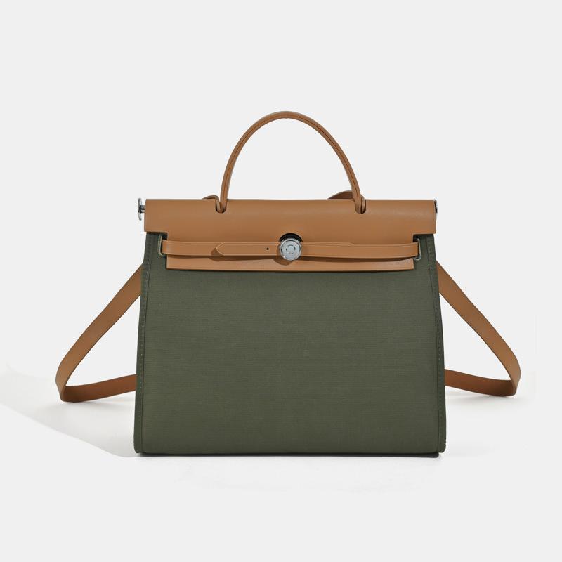 Tasche Rindsleder Canvas Farbblockdesign Große Kapazität Pendler Schulter Umhängetasche Handtasche