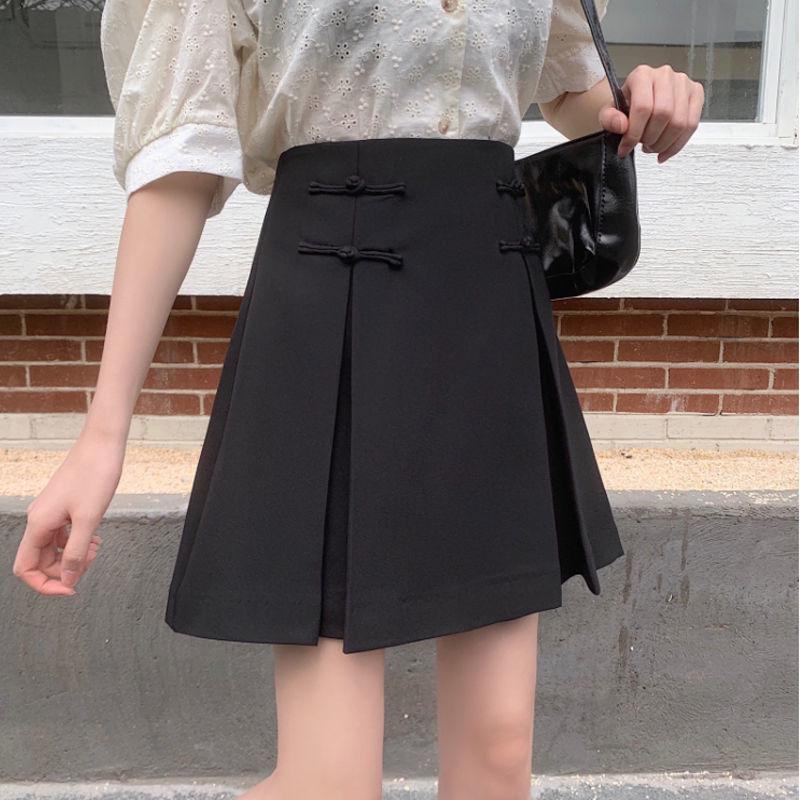 2023 Spring/Summer Black Chinese Style A-line Slimming High Waist Midi Skirt for Women