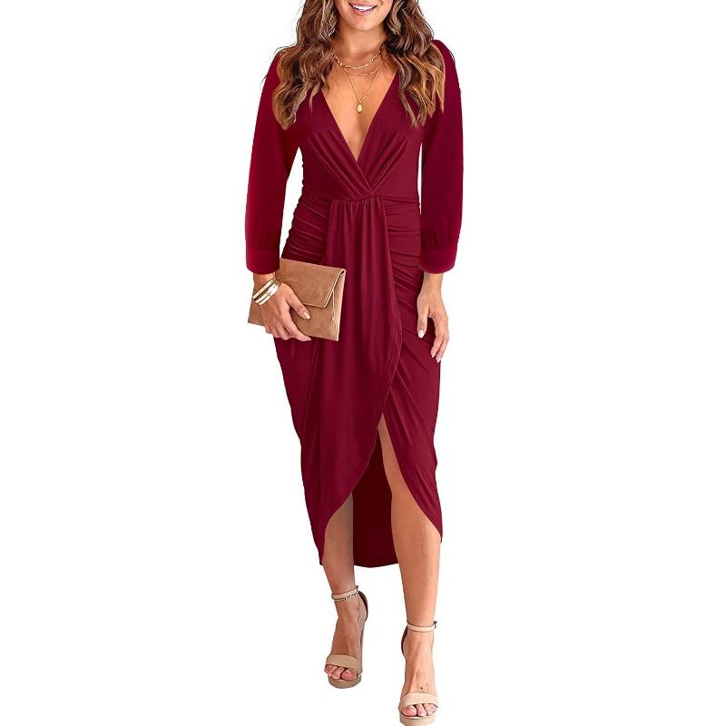 

Осень-зима однотонное платье с V-образным вырезом и складками, разрезом на бедрах, женское вечернее платье для женщин XXL бордовый