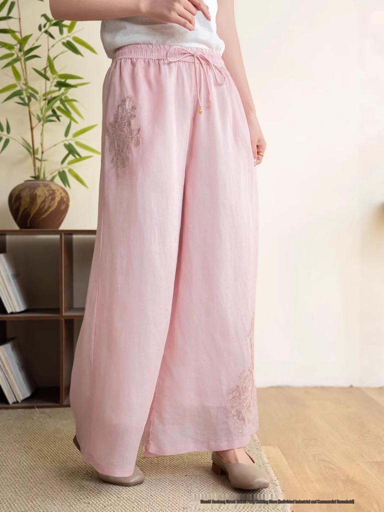 2026 Sommer Damen bestickte Leinen-Hose mit weitem Bein und Kordelzug