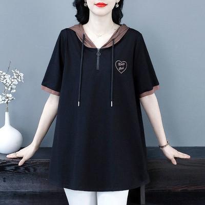 2025 New Pure Cotton Plus Size Contrast Color Hooded Short-sleeve Fashion Age-reducing T-shirt Summer Loose Slim Versatile Top