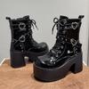 Versatile Block Heel Platform Motorcycle Boots Women's Fashion Round Toe Rivet Metal Buckle Non-slip Short-leg High Heels
