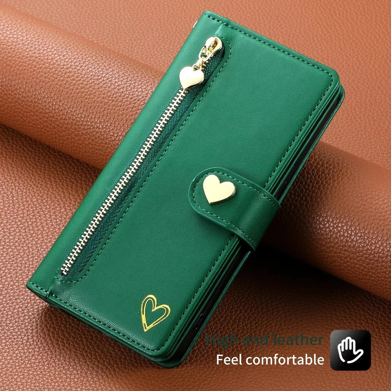 

Flip Leather Zipper Wallet Card Solt Phone Case For Samsung Galaxy S25 Edge S24 Plus S23 S22 A16 A26 A36 A56 A55 A15 Bag Cover Galaxy S23+ темно-зелений колір
