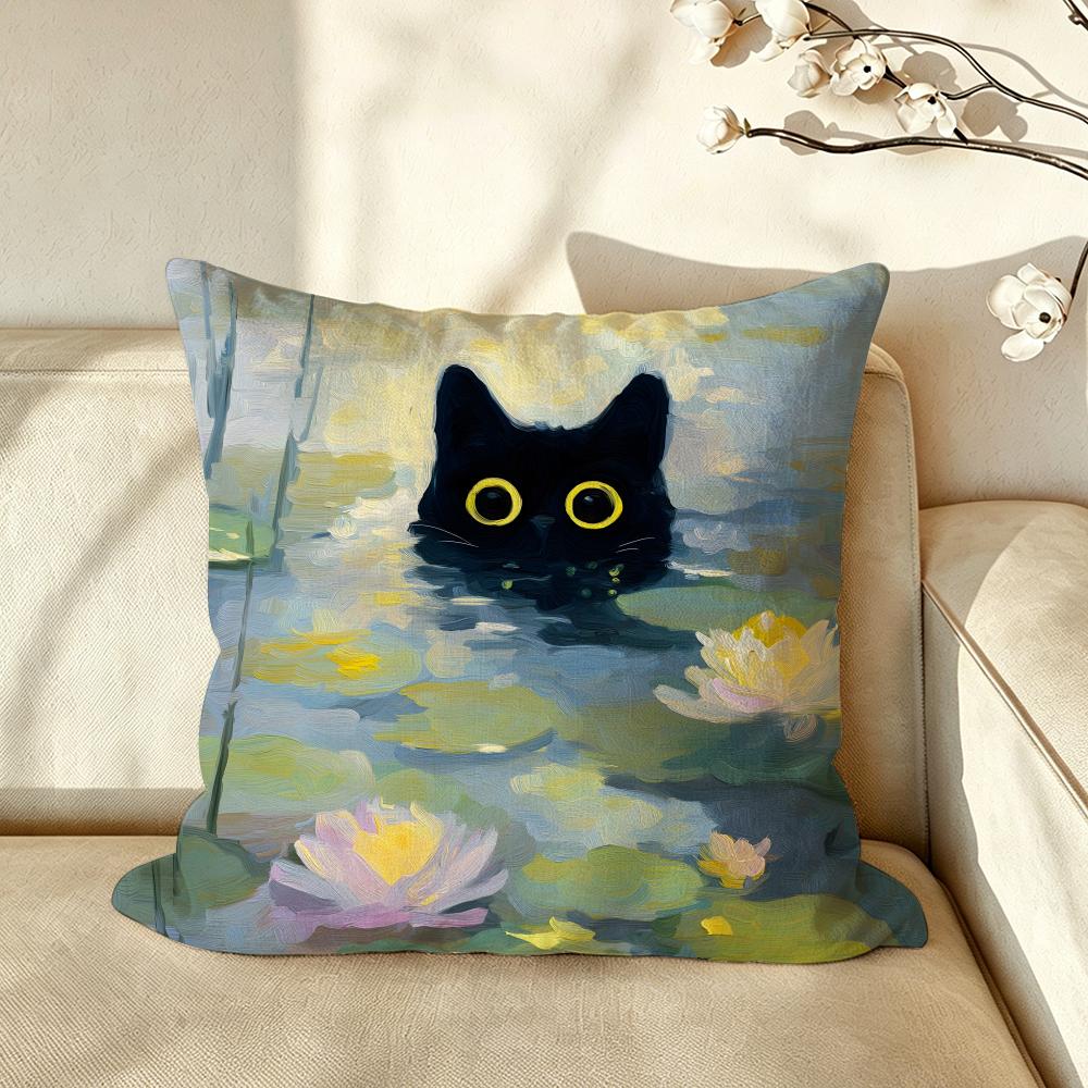 Art Monet WWater Lilies Black Cat Cushion Cover Pillow Case Antidustmite Pillowcase Silky Short Plush Sofa Cushion Cover Hot
