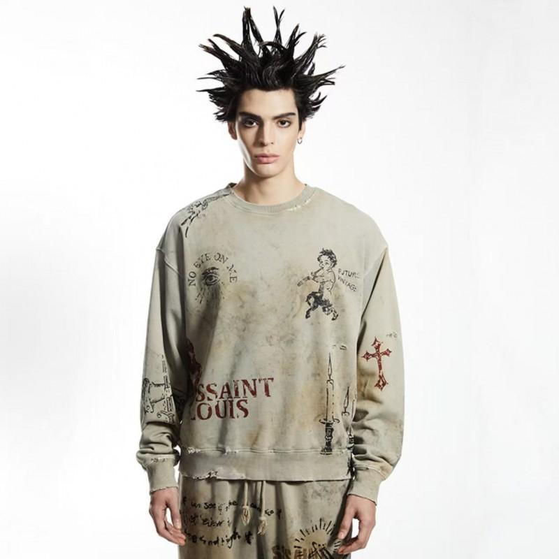 SSSAINT LOUIS Vintage Distressed Graphic Print Hoodie Mens Loose Fit Long Sleeve Pullover