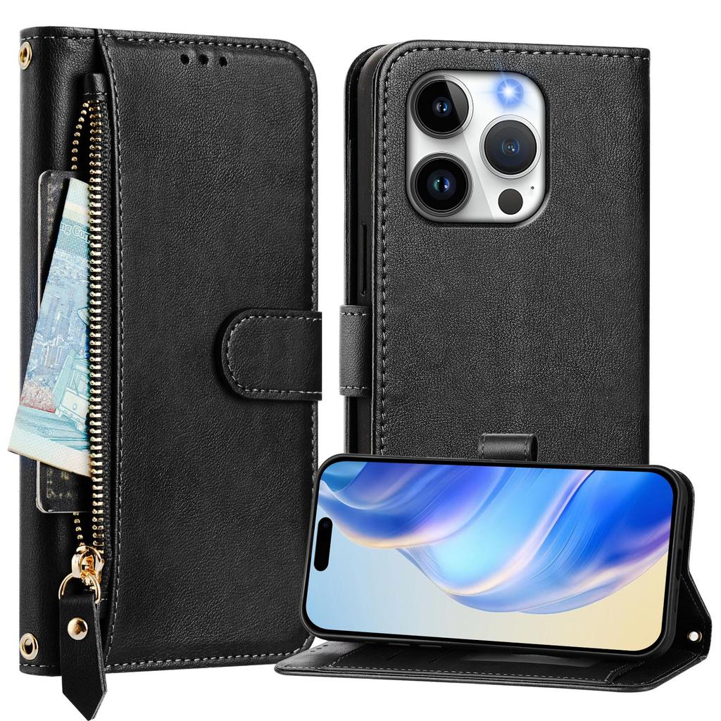 For iPhone 14 Pro Case Zipper Pocket Multiple Card Slots Leather Phone Cover