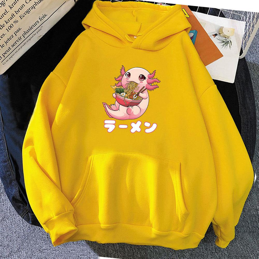 Женские милые мультяшные толстовки с капюшоном Axolotl Eating Ramen с графическим принтом Толстовка с капюшоном больших размеров в уличном стиле Harajuku Женская теплая толстовка M
