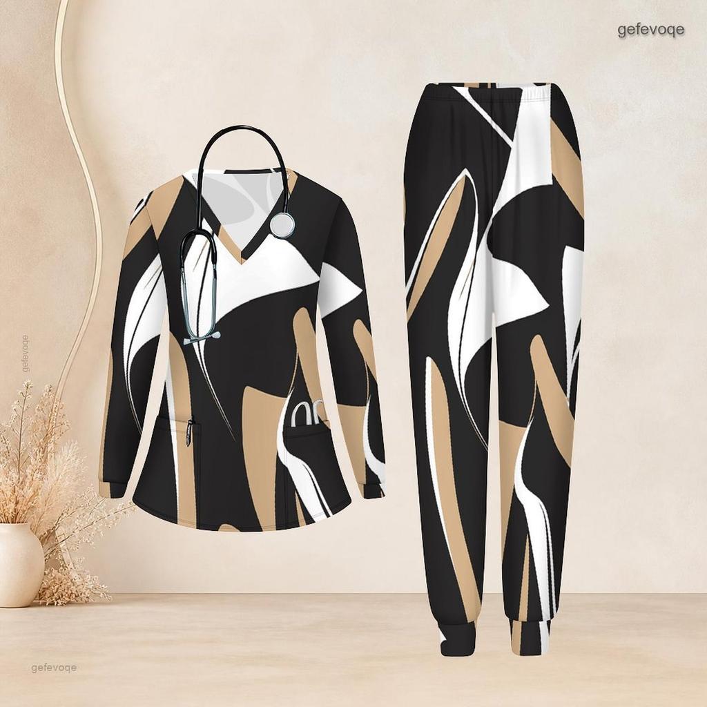 Women Plus Size Printed Nurse Scrub Set V Neck Long Sleeve Pockets Top Long Pants Two Piece