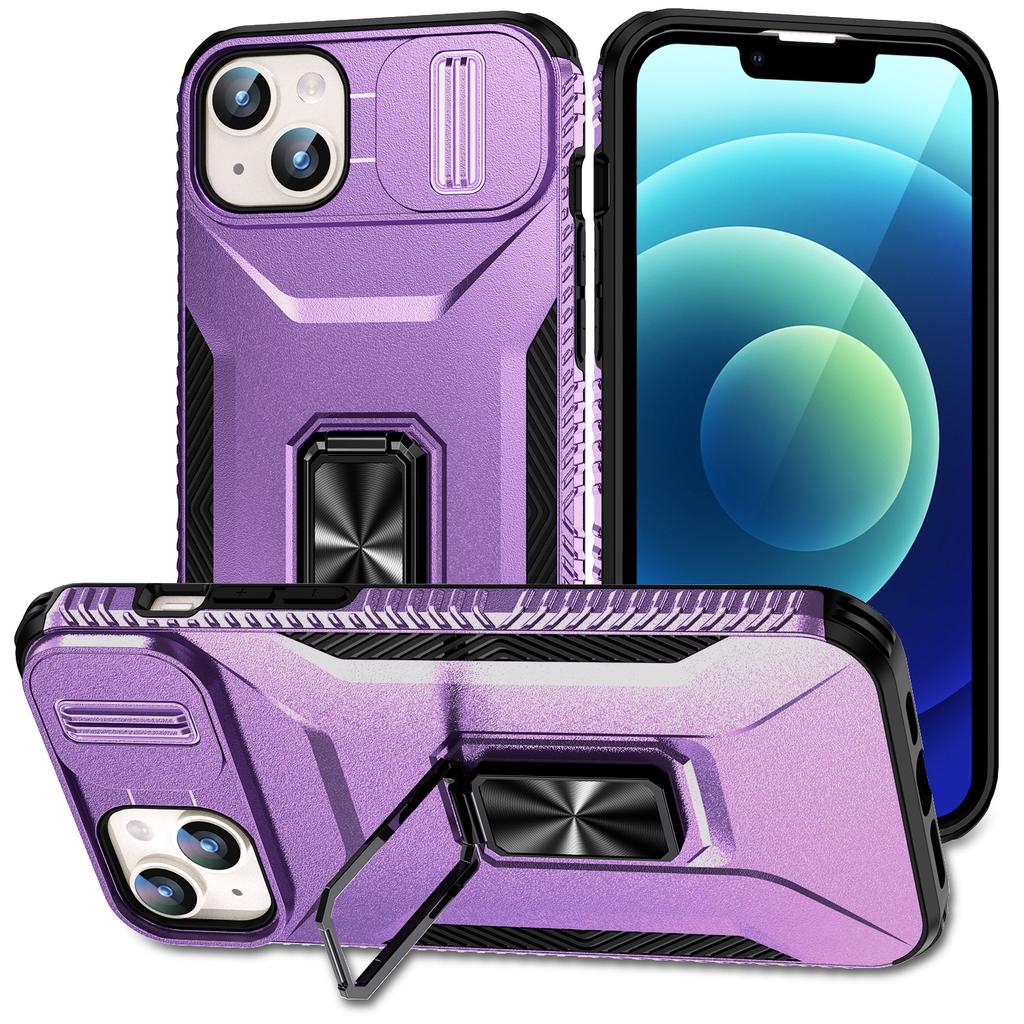 For iPhone 15 Plus/14 Plus Case Camshield Kickstand TPU+PC Anti-Slip Phone Cover