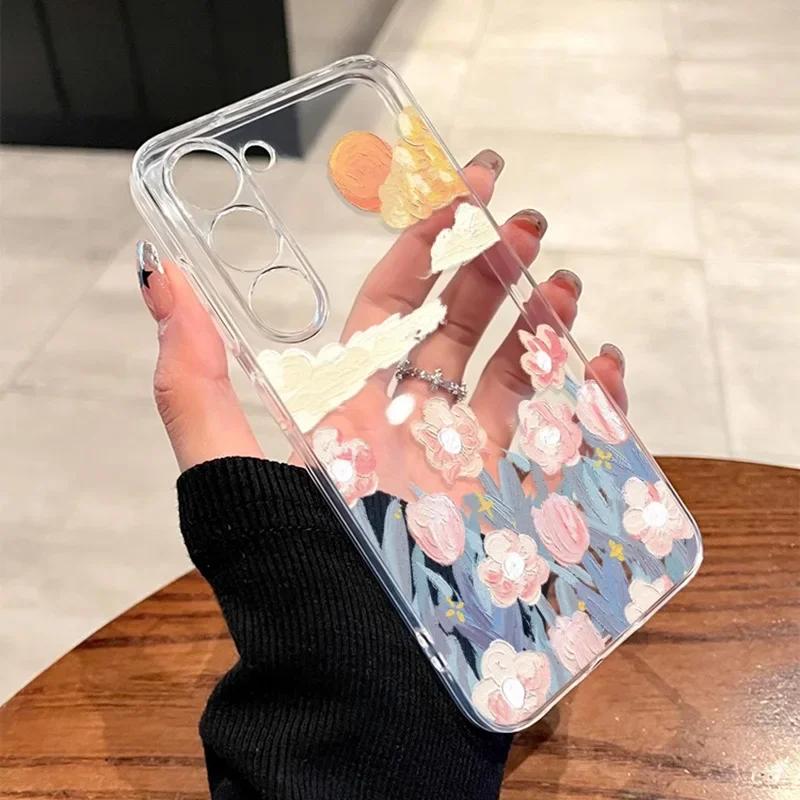 Painting Flower Clear Phone Cases for Samsung Galaxy S24+ S23+ Plus Ultra Transaprent Cover for Samsung S22+ Ultra Fundas Shell