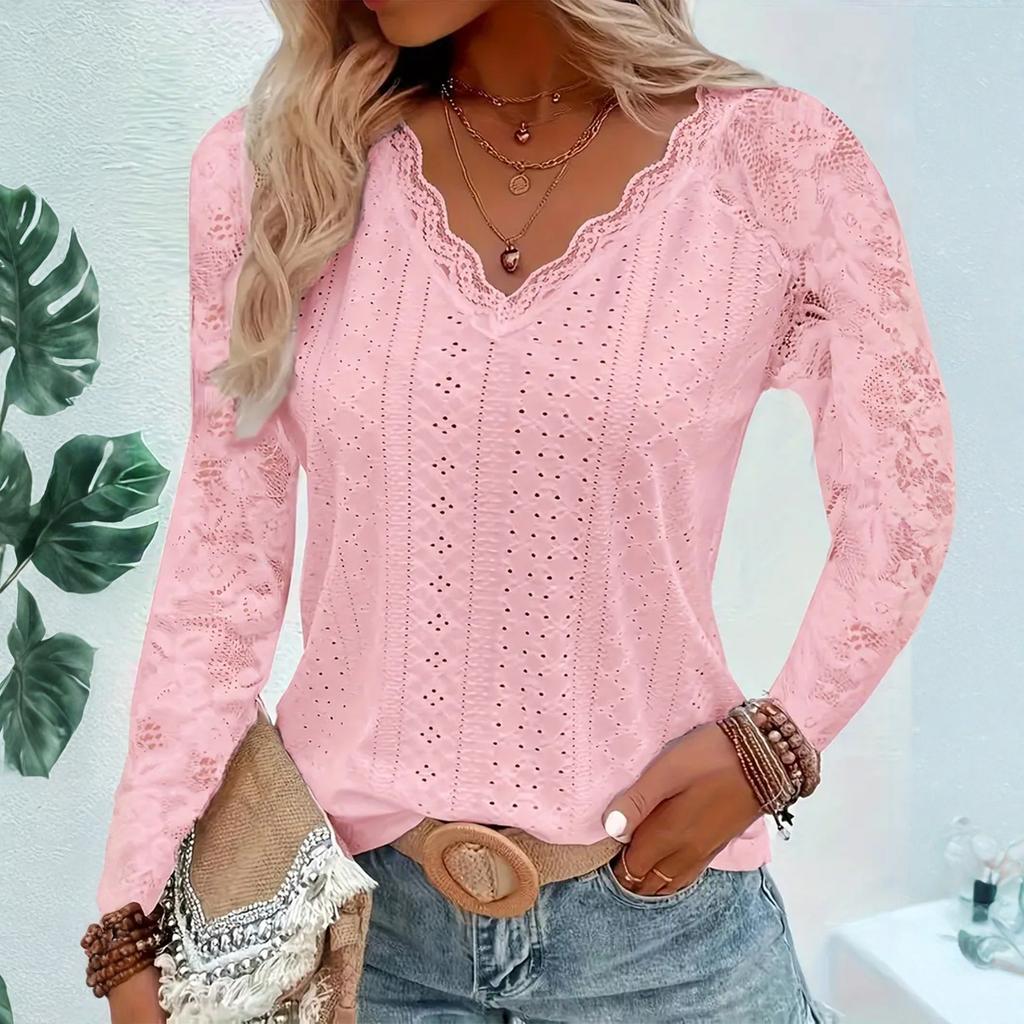 Women's Casual V-neck Lace Patchwork Cutout Blouse Top