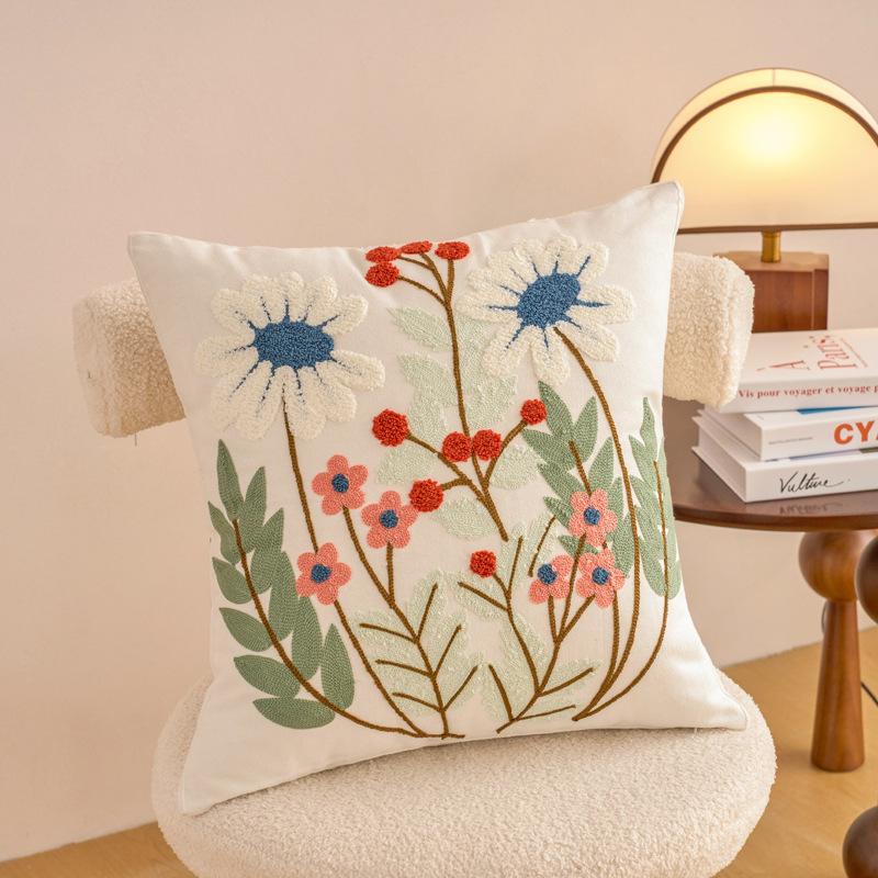 1pc Contemporary Floral Embroidery Throw Pillow Cover with Yellow Flowers & Green Leaves Zippered, Machine Washable for Living Room Decor