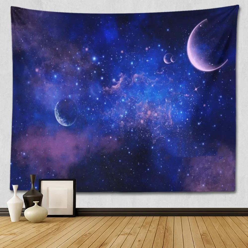 Suitable For Bedroom Wall Decoration Starry Sky Moon Tapestry Blue Starry Night Galaxy Universe Large Fabric Wall Hanging