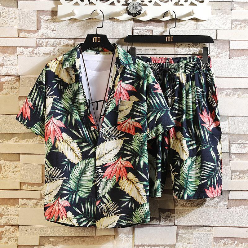 Erkek Set Kısa Kollu Hawaii Gömlek ve Şort Yaz Rahat Çiçek Gömlek Plaj Iki Parçalı Takım Elbise Moda Erkek Setleri