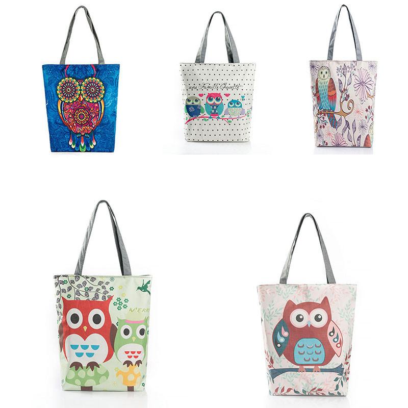 Stylish Women's Canvas Tote Shoulder Handbag Featuring Owl Design For Travel And Shopping