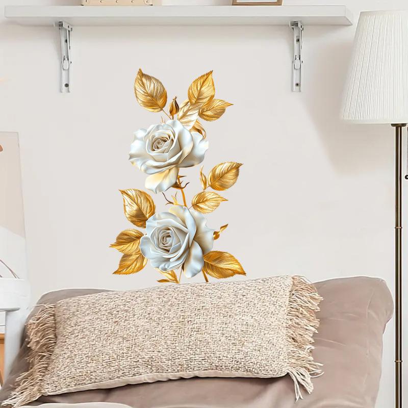White Rose Gold Leaves Wall Sticker Elegant Vintage Home Decor for Bedroom Living Room Wall Art