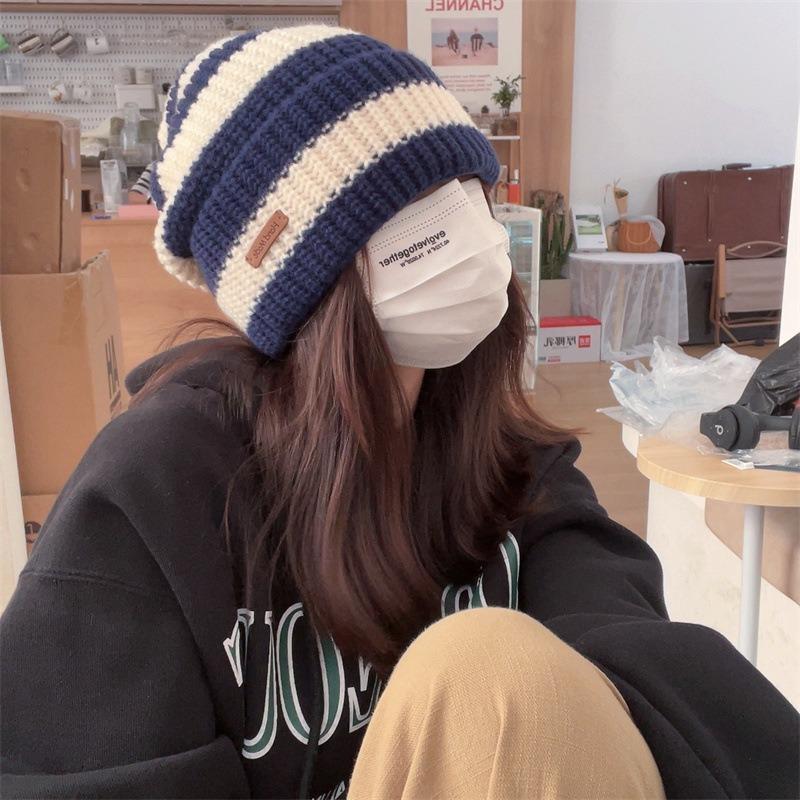 Stripe Beanie Cap for Women Winter Thick Needle Knitted Hat Vintage Hip Hop Female Slouchy Hats Casual Streetwear Hat
