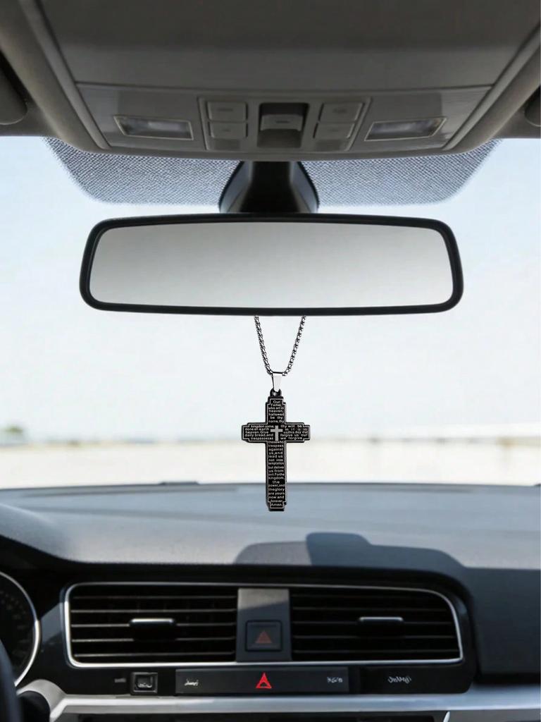1 Ciondolo per Auto Croce Cristiana in Acciaio Inossidabile - Versetto Biblico Preghiera del Signore, Semplice Ornamento Religioso per Specchietto Retrovisore, Regalo per la Fede