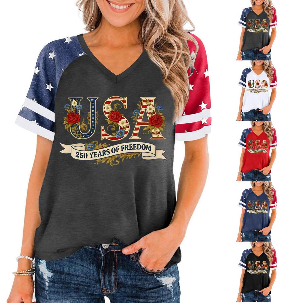 Women V Neck Short Sleeve Pullover T Shirt USA 250 Years Of Freedom Graphic Print Casual Top Patriotic Style