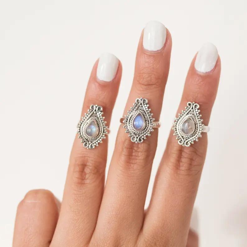 Moonstone Gemstone Ring, Solid 925 Sterling Silver Bohemian Ring, Gift For Her, Statement Ring, Partywear Ring, Silver Jewelry