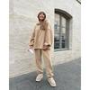 Womens Fleece Hooded Sweatshirt Elastic Waist Pants Set Solid Color Loose Streetwear Two Piece Outfit