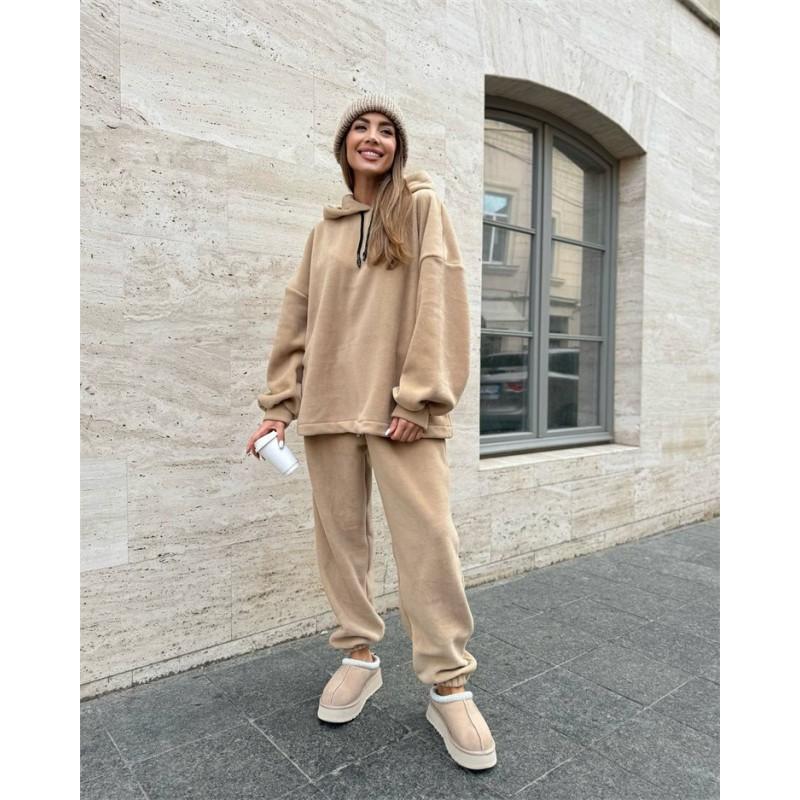 Womens Fleece Hooded Sweatshirt Elastic Waist Pants Set Solid Color Loose Streetwear Two Piece Outfit