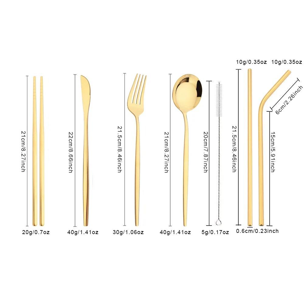8 pezzi/set di stoviglie riutilizzabili set di posate da viaggio set di utensili da campeggio con cucchiaio in acciaio inox forchetta bacchette cannuccia custodia portatile