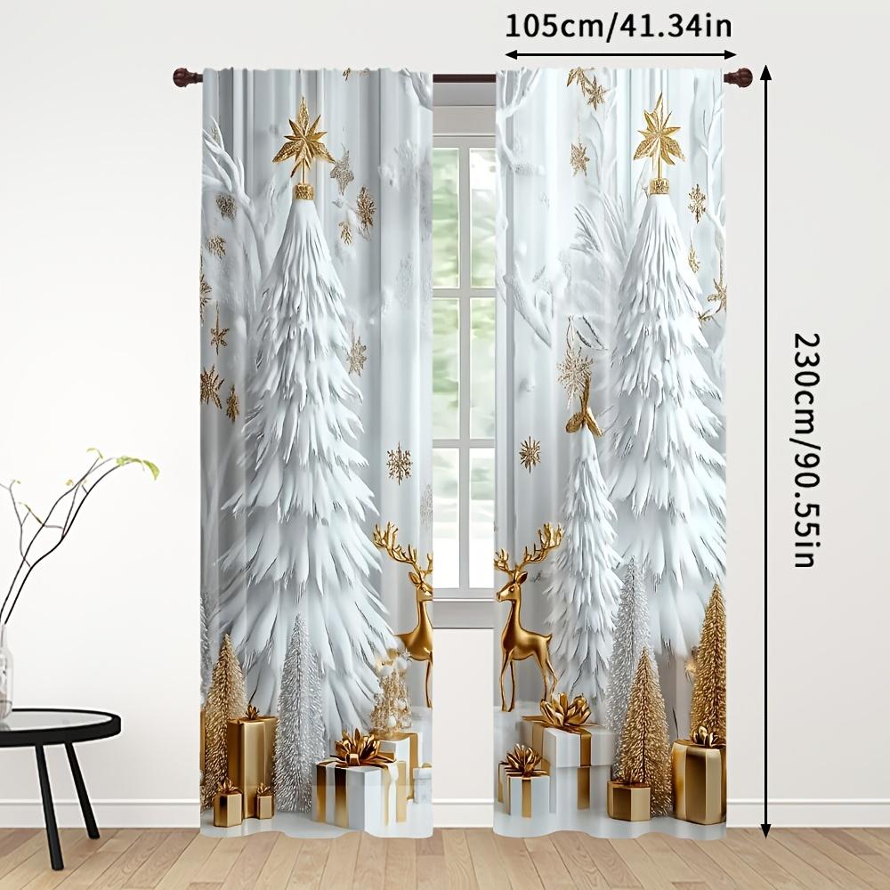 2pcs Holiday Christmas Curtains – Gold Reindeer and Ornament Design   Light-Filtering for Living Room and Bedroom