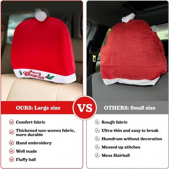 5Pcs Christmas Car Decoration Comfort Santa Hat Car Seat Headrest Covers, Interior Xmas Car Accessories Fits Most Vehicle For Christmas New Year