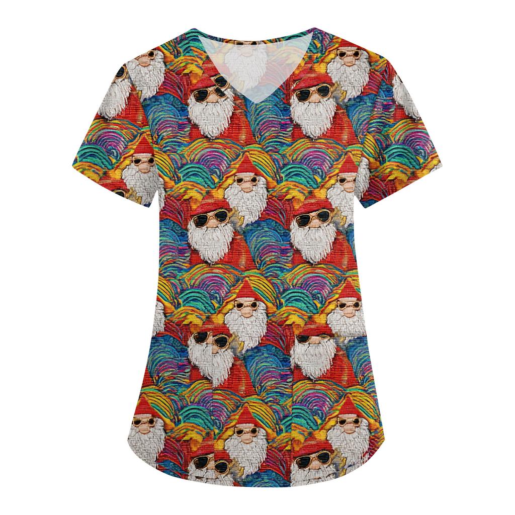 Women's Fashion V-Neck Short Sleeve Overalls With Pockets Christmas Printed Tops  Clothes