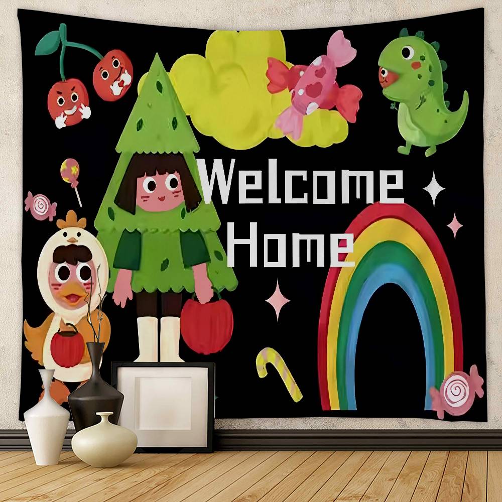 Ins Style Cartoon Welcome DIY Wall Tapestry Hanging Tarot Hippie Wall Rugs Dorm INS Home Decor