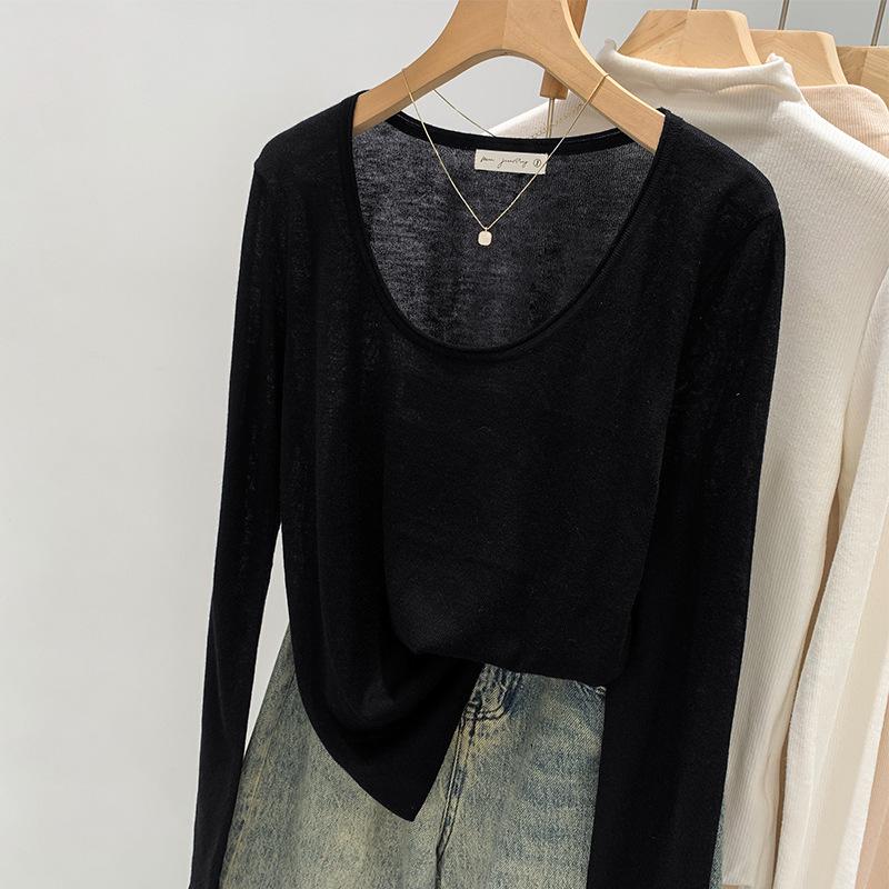 Sheer Loose Knit Long-Sleeve Sweater for Women - Autumn Style Sunscreen Blouse