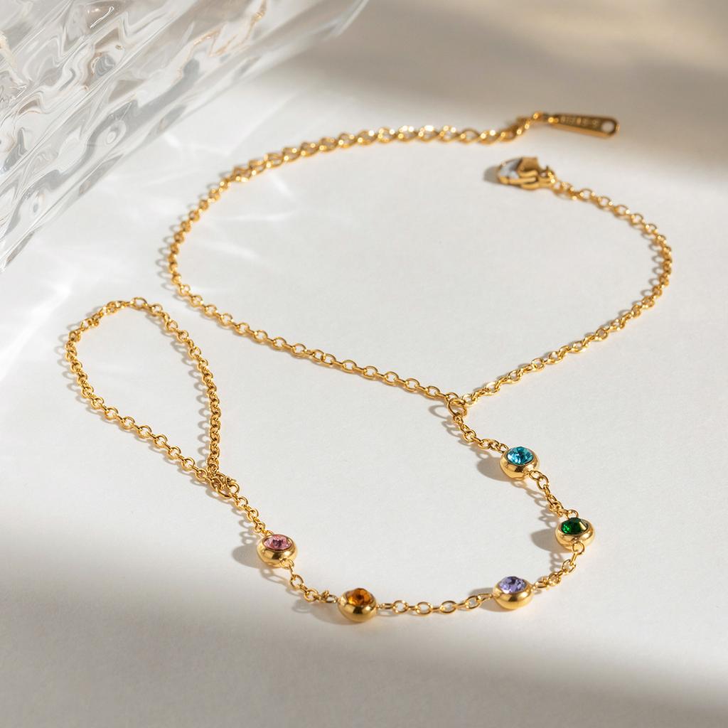 Colored Zircon Finger Chain Link Bracelet Minimalist Light Luxury Titanium Steel Jewelry
