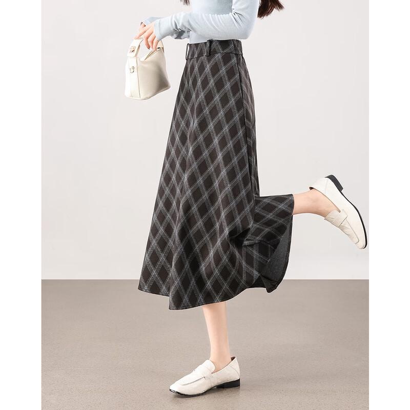 TERRE BLEUE Women's Retro High-Waist Plaid A-Line Midi Skirt