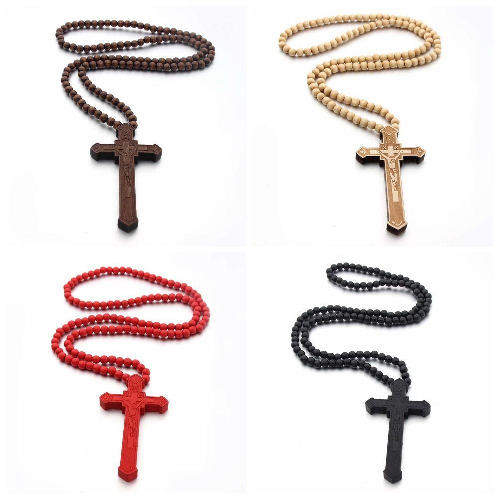 Car Ornament Handmade Rosary Necklace Wood Crucifix Pendant Chain Wood Beads Necklace Christian