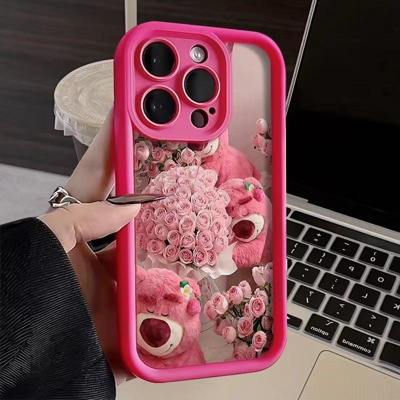 Pink Rose Strawberry Bear for Apple 15Promax Phone Case iPhone16Pro Cute 14 Flowers 17Pro