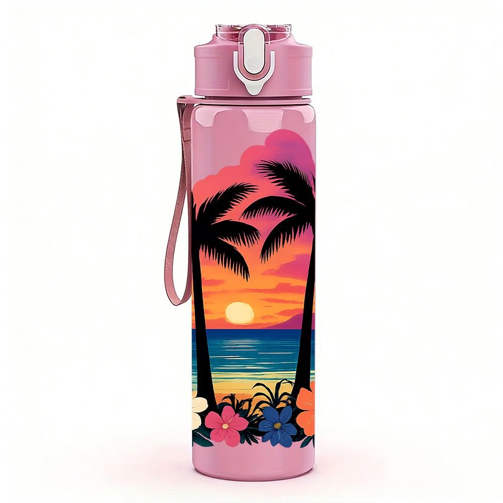 1PC Palm Tree Sunset Beach Pattern 750ml Color Plastic Sports Water Bottle Leakproof Flip Straw Lid Suitable for Sports Office Home Use