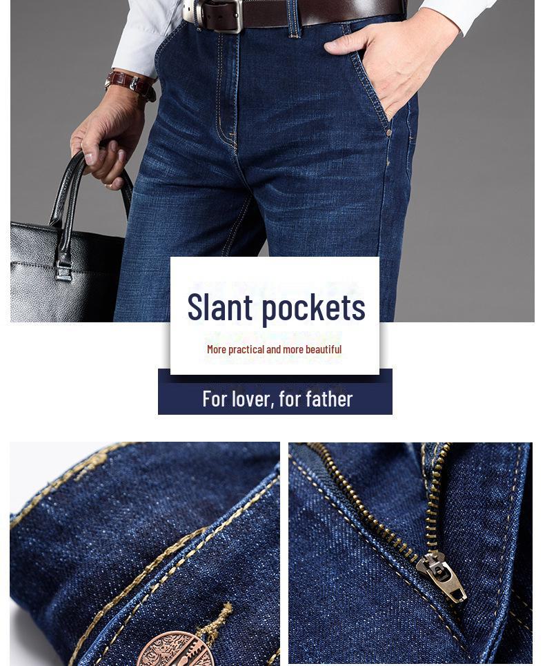 Men's High Waist Straight-Leg Jeans with Slant Pockets for Autumn/Winter - Casual, Large Size, and Versatile for Middle-Aged and Elderly.