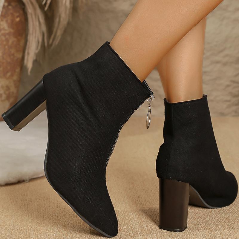 Fashion Flock Zip Decor Ankle Boots for Women Pointed Toe High Heeled Modern Boots Woman Autumn Plus Size Comfort Platform Casual Boots