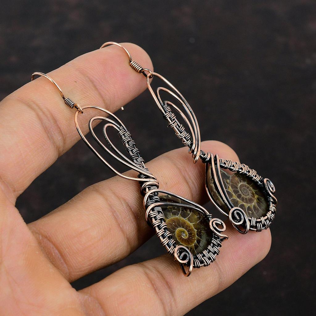 Ammonite Fossil Earrings Copper Wire Wrapped Earrings Copper Jewelry Gemstone Earring Handmade Wire Wrapped Jewelry Drop Earrings For Gift