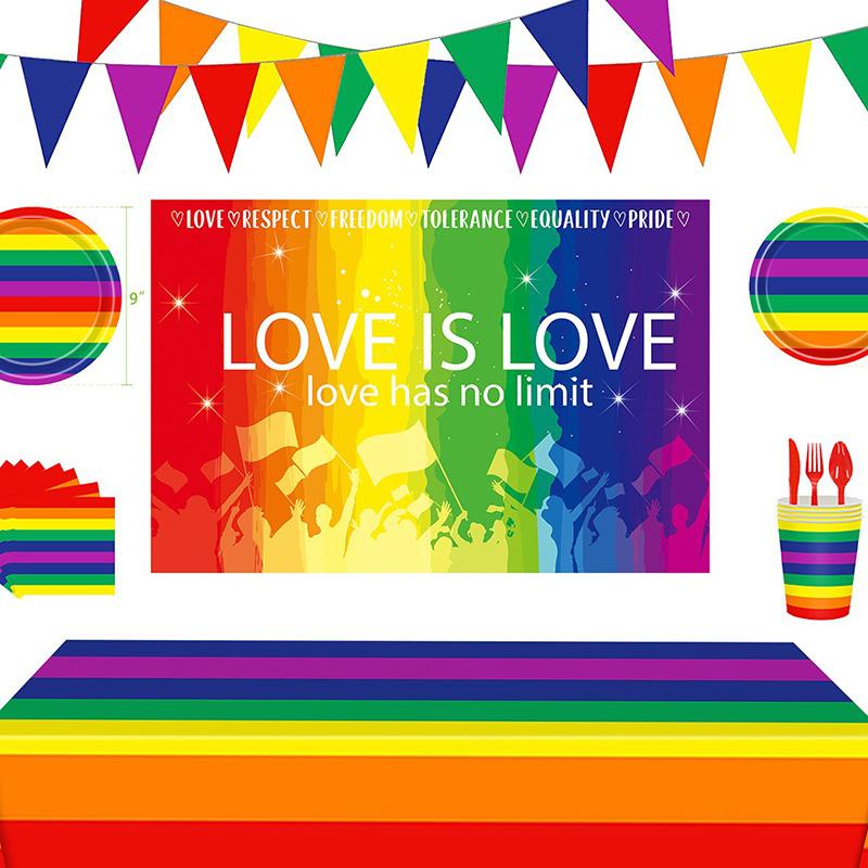 

Смугастий райдужний набір одноразового посуду для дитячого дня народження Сімейна тарілка тарілка для чашки з прапорцем Набір для вечірок spoon 16pcs