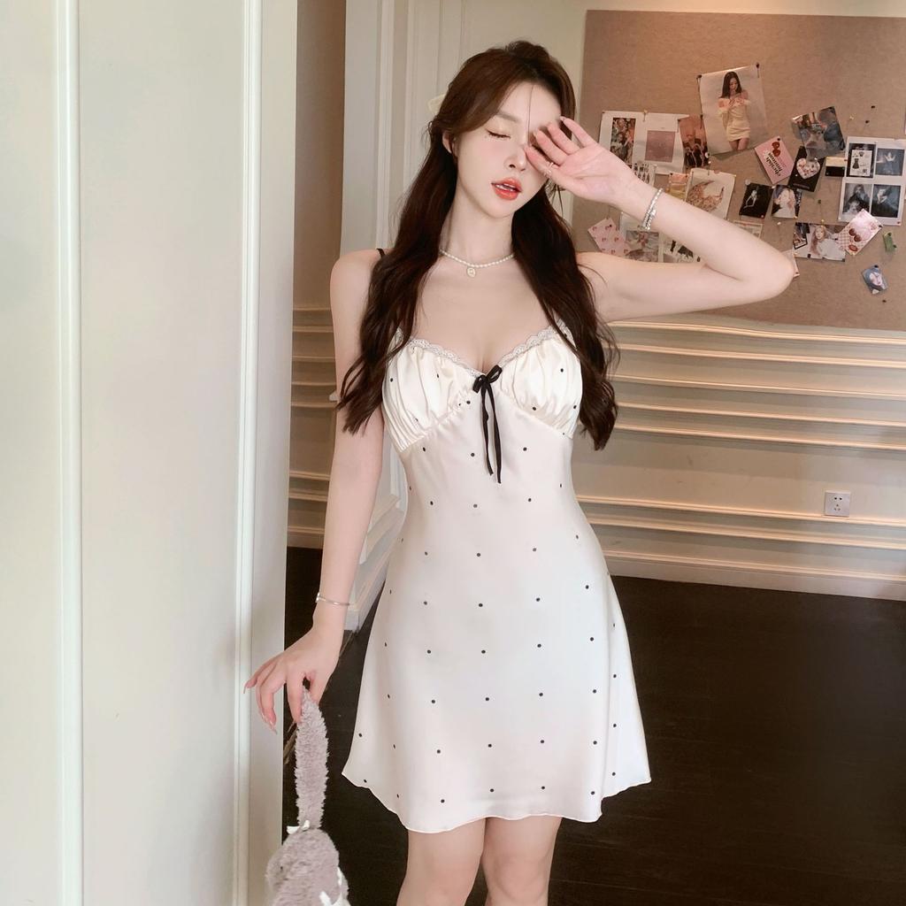 Sexy Pajamas Women's Ice Ribbon Chest Pad Printing Pure Desire Silk Thin Suspender Pajamas Loungewear Available