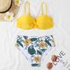 Two-Piece Swimsuit Women Underwire Padded Push-Up Split Bikini Solid Color Bra Floral Print High Waist Bottoms Swimsuit