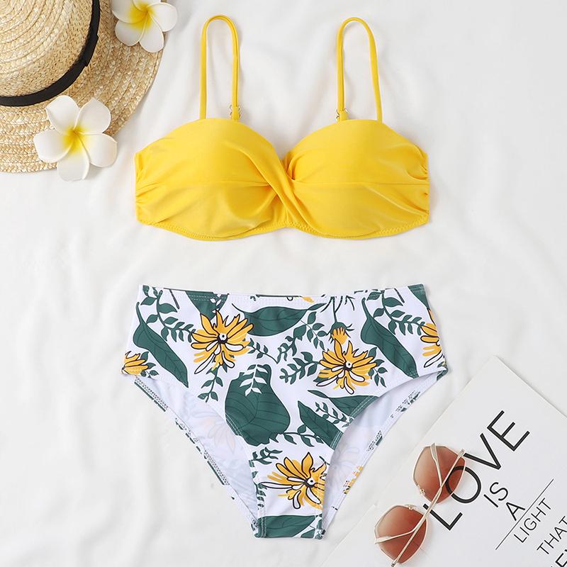 Two-Piece Swimsuit Women Underwire Padded Push-Up Split Bikini Solid Color Bra Floral Print High Waist Bottoms Swimsuit