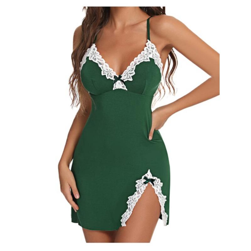 Sexy Nattøy Kvinner Blonder Silke Satin V-Hals Nattkjole Splitt Kant Mykt Undertøy Nattkjole Ermeløst Nattøy Dameklær