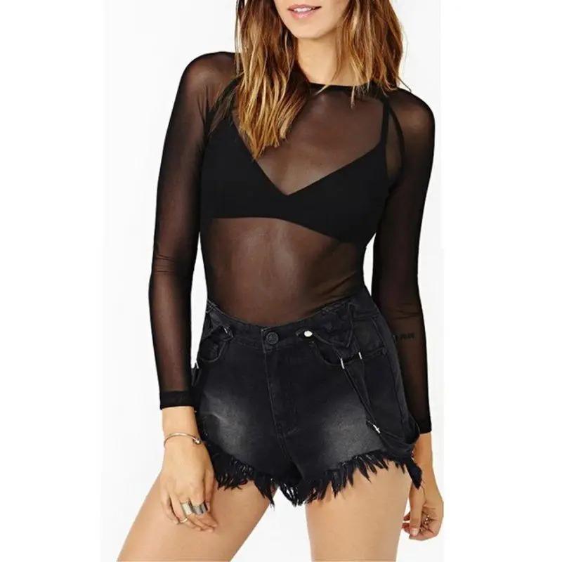 Hot Ny Vår Sommer Dame Langermet Sexy Svart Mesh Topp T-skjorter Gjennomsiktig Punk Club Streetwear T-skjorter Strandoverdeler